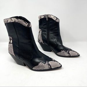 Vince Camuto Black and Gray Snake-Trim Ankle Booties
